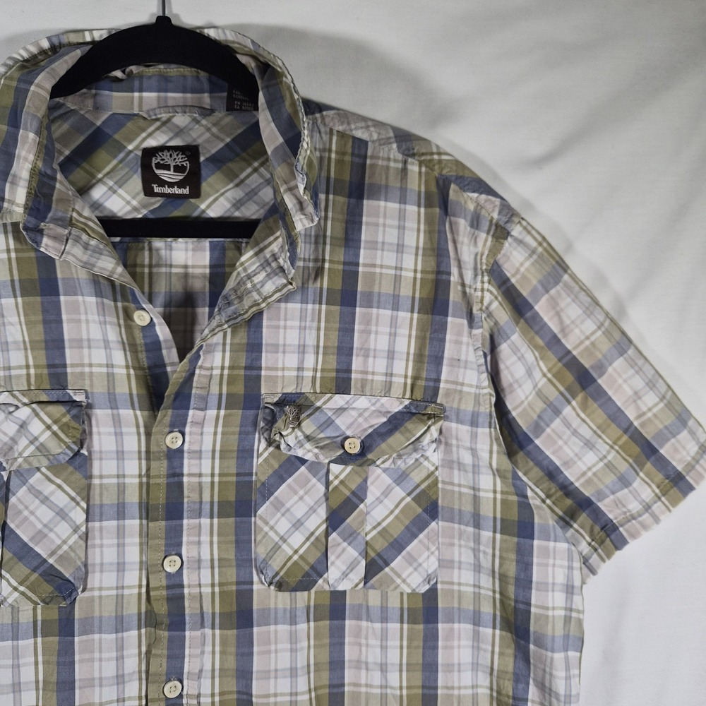 Timberland Men's Large Plaid Short Sleeve Button Up Shirt Dual Chest Pockets